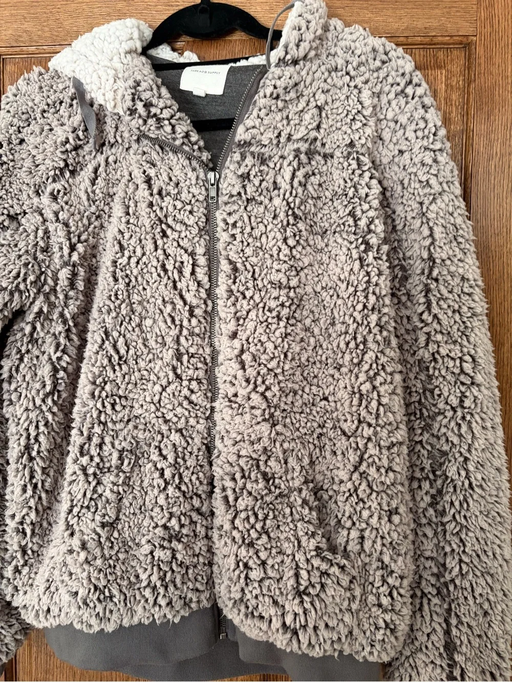 Thread & Supply Plush Sherpa Zip Hoodie in Taupe and Cream - Picture 4 of 9
